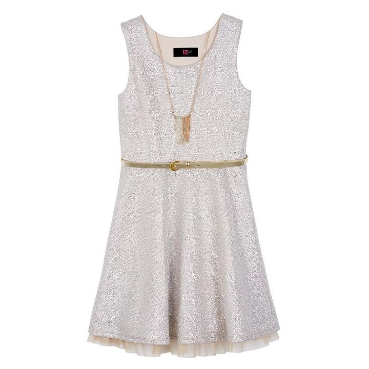 Girls 7-16 Iz Amy Byer Belted Sparkly Silver Dress With Necklace, Size: 10