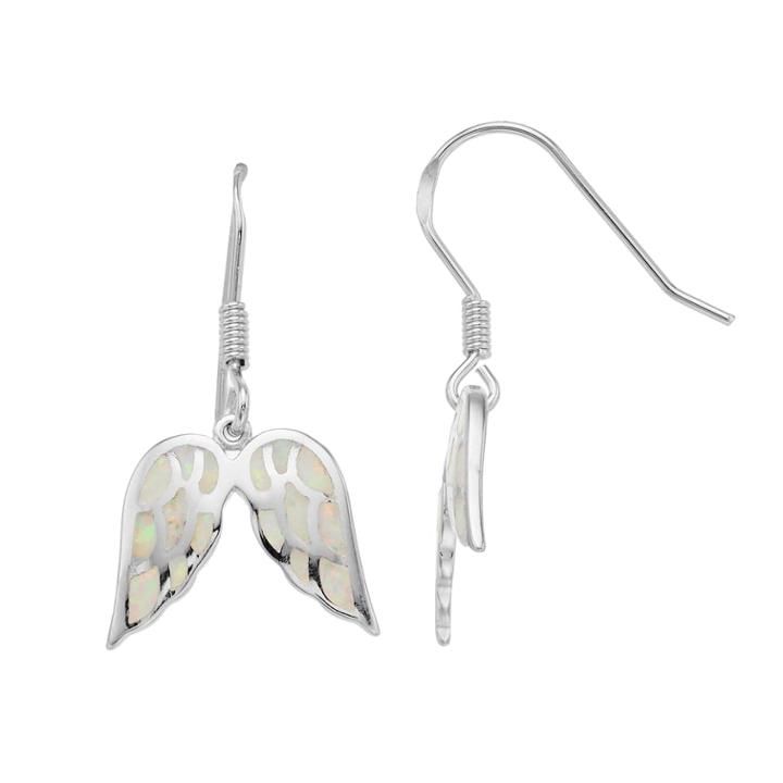 Sterling Silver Lab-created White Opal Angel Wing Earrings, Women's