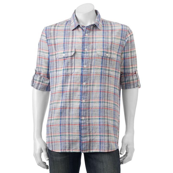 Men's Apt. 9&reg; Modern-fit Plaid Roll-tab Button-down Shirt, Size: Large, Light Red