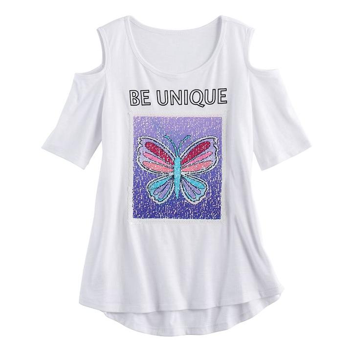 Girls 7-16 So&reg; Cold Shoulder Two-way Sequin Tee, Size: 10, White