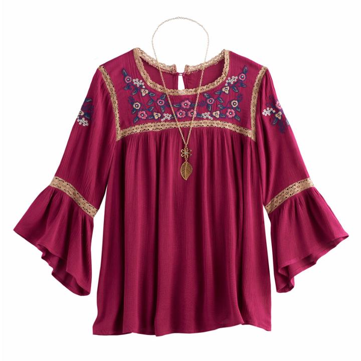 Girls 7-16 Knitworks Embroidered Bell Sleeve Peasant Top With Necklace, Size: Medium