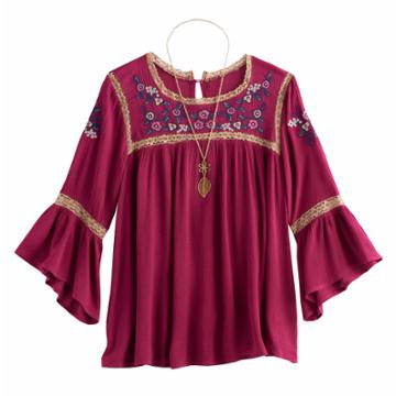 Girls 7-16 Knitworks Embroidered Bell Sleeve Peasant Top With Necklace, Size: Medium