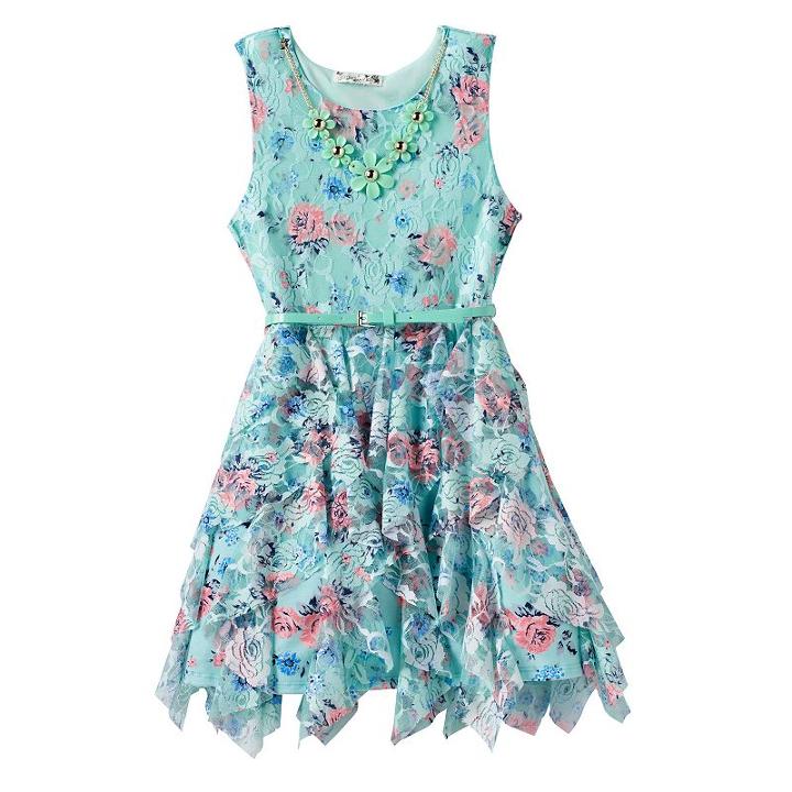 Girls 7-16 Knitworks Floral Chiffon Corkscrew Skirt Dress With Belt & Necklace, Girl's, Size: 12, Green Oth