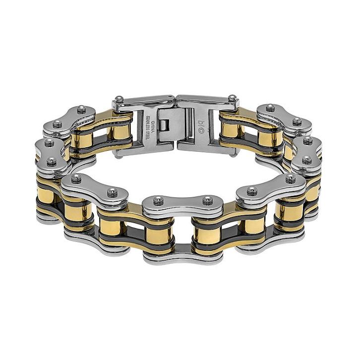 Lynx Tri-tone Ion-plated Stainless Steel Motorcycle Chain Bracelet - Men, Size: 8.5, Multicolor