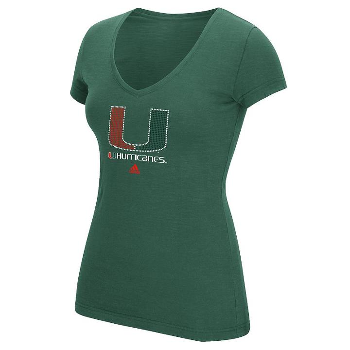 Women's Adidas Miami Hurricanes Rhinestone Logo Tee, Size: Small, Dark Green