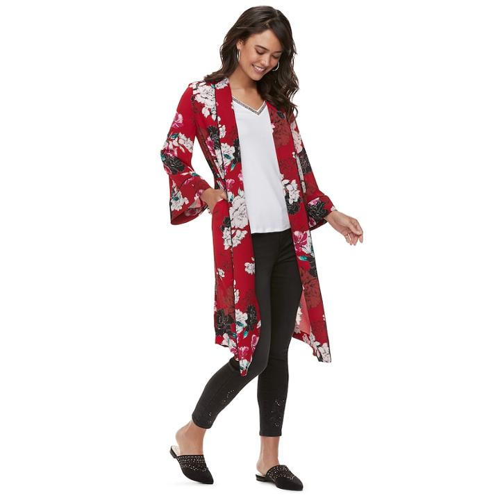 Women's Jennifer Lopez Floral Chiffon Kimono, Size: Large, Red