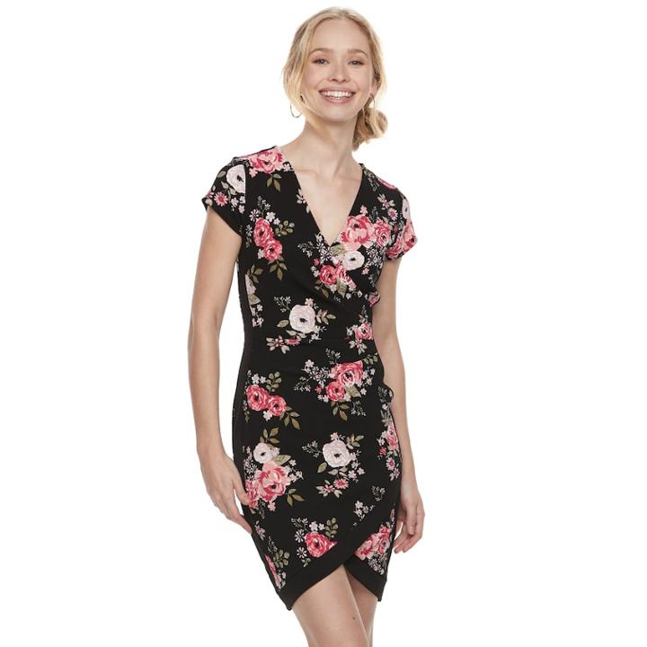 Juniors' Almost Famous Print Faux-wrap Dress, Teens, Size: Small, Yellow