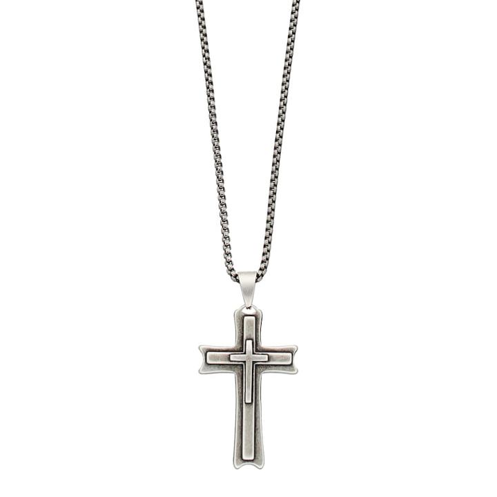 1913 Stainless Steel Men's Double Cross Pendant Necklace, Size: 24, Grey