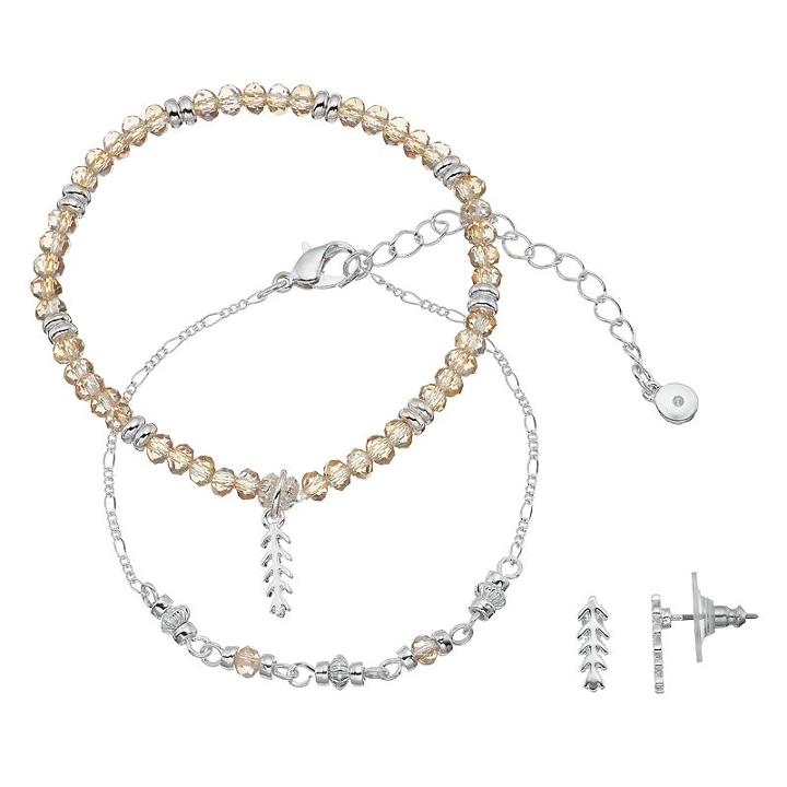 Lc Lauren Conrad Leaf Beaded Bracelet & Stud Earring Set, Women's, Silver