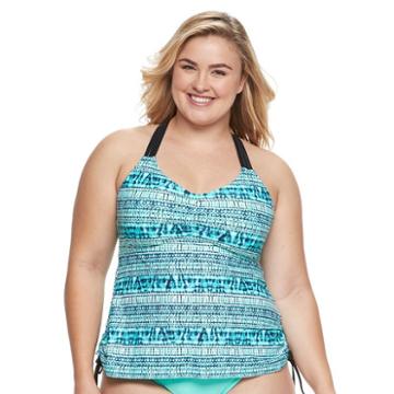 Island Soul, Juniors' Plus Size Geometric Drawstring Tankini Top, Women's, Size: 2xl, Turquoise/blue (turq/aqua)