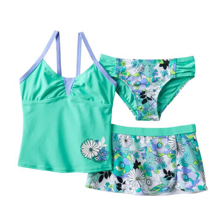 Girls 7-16 Zeroxposur 3-pc. Ring-a-rosie Daisy Tankini Swimsuit Set, Size: 10, Med Green