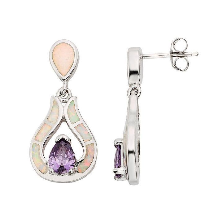 Lab-created Opal & Cubic Zirconia Sterling Silver Teardrop Earrings, Women's, Purple