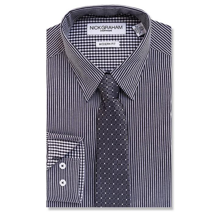 Men's Nick Graham Everywhere Modern-fit Dress Shirt And Tie Boxed Set, Size: Xl-34/35, Black
