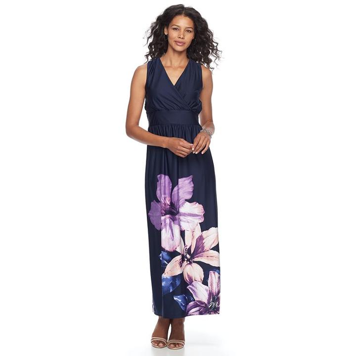 Women's Nina Leonard Sleeveless Floral Smocked Maxi Dress, Size: Xl, Blue (navy)