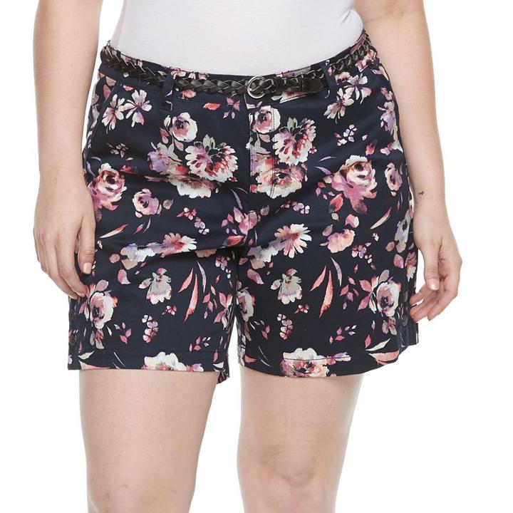 Plus Size Gloria Vanderbilt Nimah Printed Belted Shorts, Women's, Size: 18 W, Blue