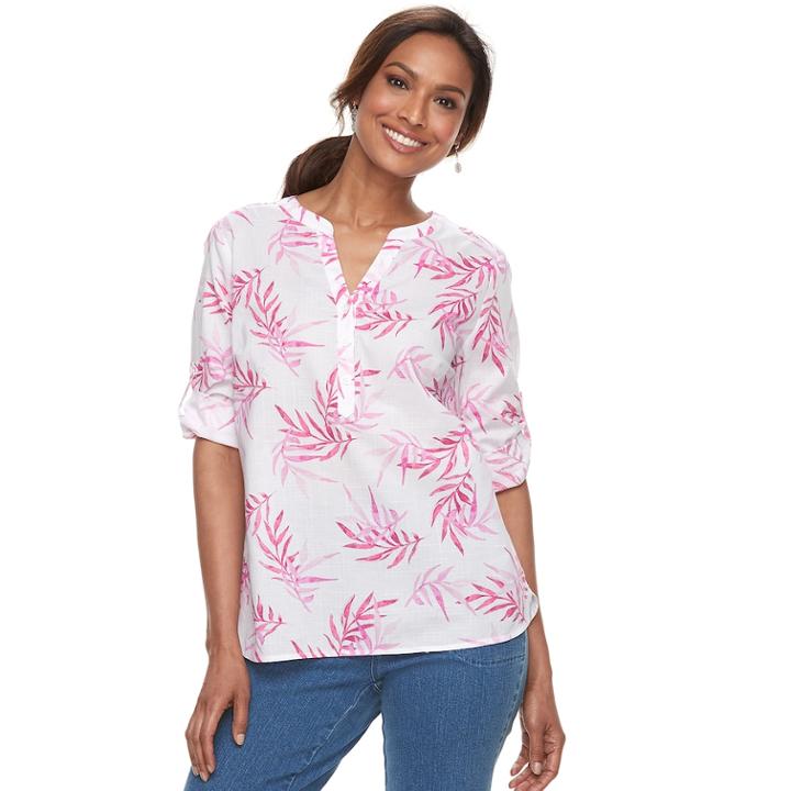 Women's Croft & Barrow&reg; Print Roll-tab Henley Top, Size: Xs, Med Pink