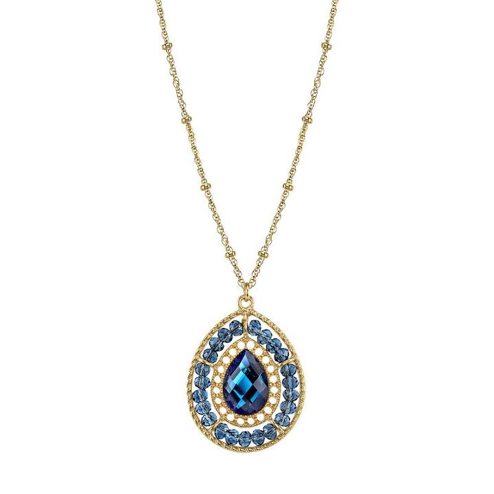 1928 Beaded Halo Faceted Teardrop Pendant Necklace, Women's, Size: 16, Blue