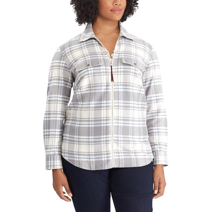 Plus Size Chaps Plaid Zip-front Shirt, Women's, Size: 2xl, Grey