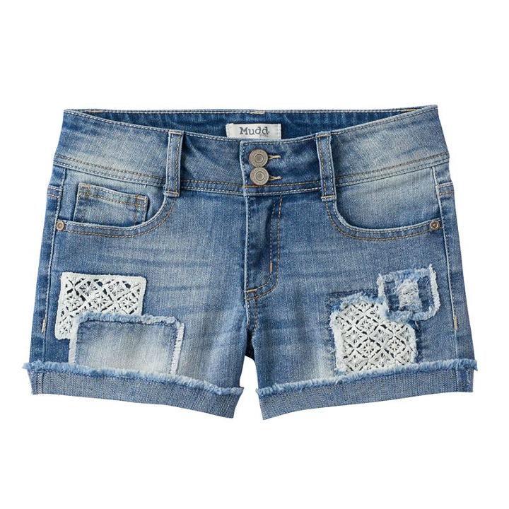 Girls 7-16 & Plus Size Mudd&reg; Crochet Patch Destructed Jean Shorts, Girl's, Size: 10, Blue (navy)