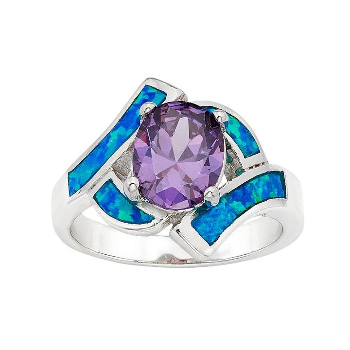 Cubic Zirconia & Lab-created Blue Opal Sterling Silver Bypass Ring, Women's, Size: 9, Multicolor