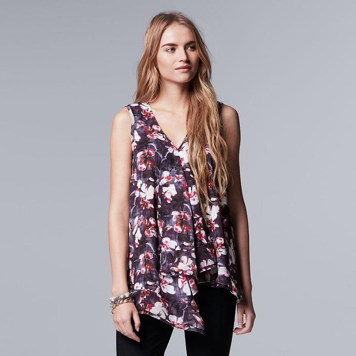 Women's Simply Vera Vera Wang Print Ruffle Top, Size: Medium, Med Purple