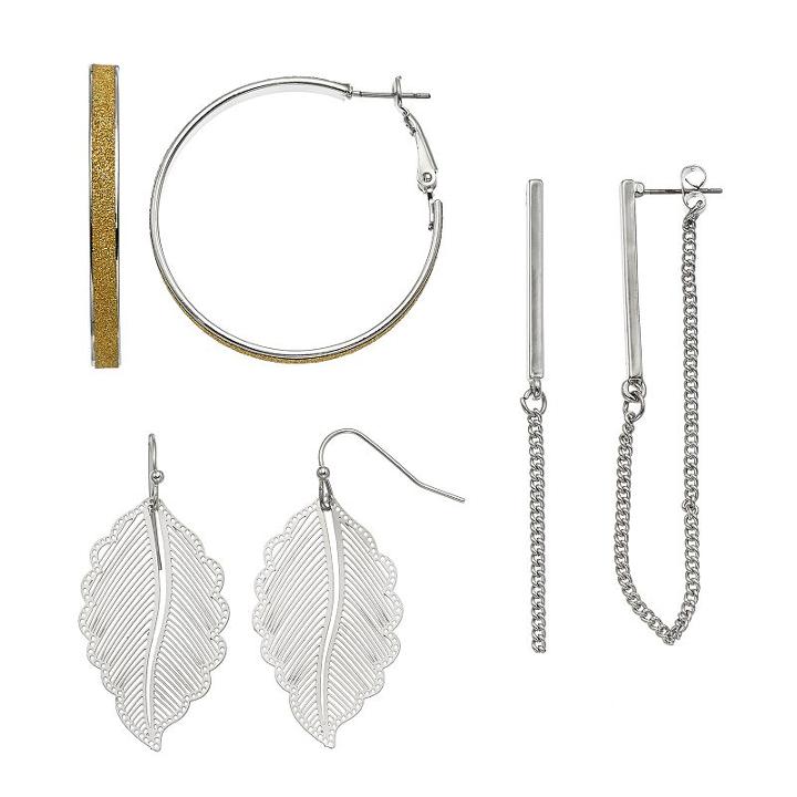 Mudd&reg; Nickel Free Leaf, Chain Front Back & Glittery Hoop Earring Set, Women's, Multicolor