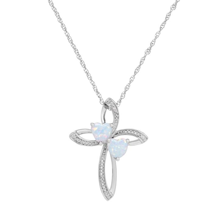 Sterling Silver Lab-created White Opal & Diamond Accent Cross Pendant, Women's, Size: 18