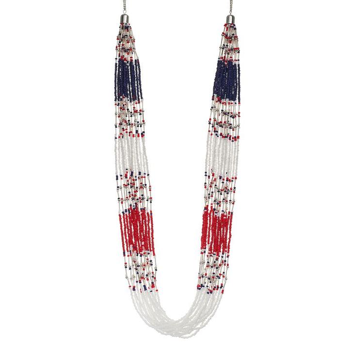 Red, White & Blue Seed Bead Long Multi Strand Necklace, Women's, Multicolor