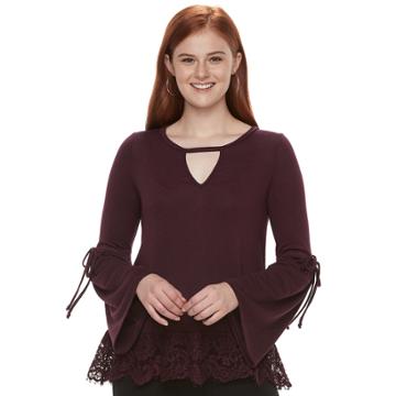 Juniors' Mason & Belle Bell Sleeve Lace Hem Top, Teens, Size: Medium, Drk Purple