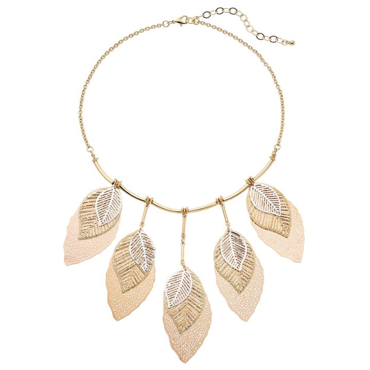 Tri Tone Openwork Leaf Statement Necklace, Women's, Multicolor