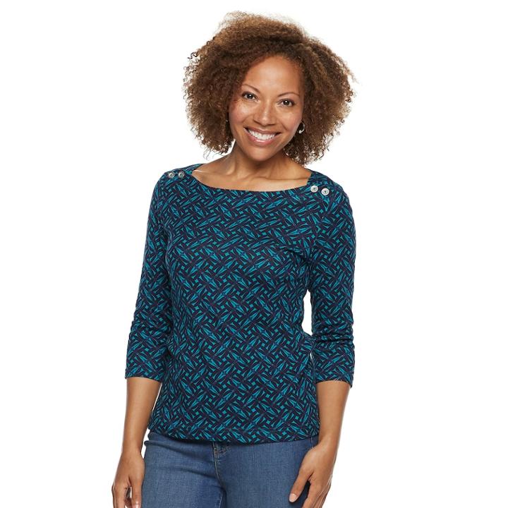 Petite Croft & Barrow&reg; Button-shoulder Boatneck Top, Women's, Size: M Petite, Dark Blue