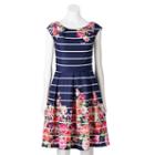 Women's Tiana B Striped Floral Fit & Flare Dress, Size: 12, Blue Other