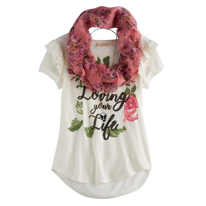 Girls 7-16 Self Esteem Ruffled Sleeve Tee With Infinity Scarf & Necklace, Size: Medium, Blue