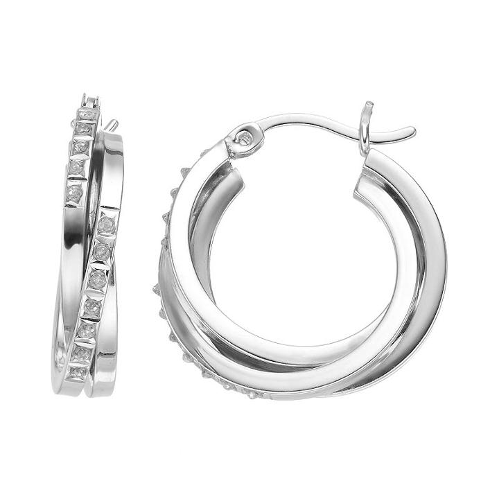Diamond Mystique Platinum Over Silver Double Hoop Earrings, Women's, White