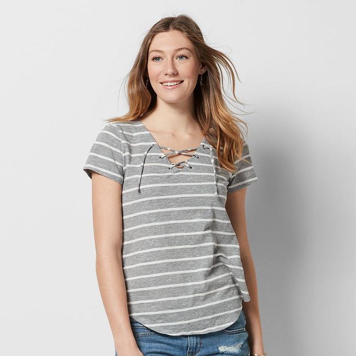 Women's Sonoma Goods For Life&trade; Striped Lace-up Tee, Size: Medium, Grey Other