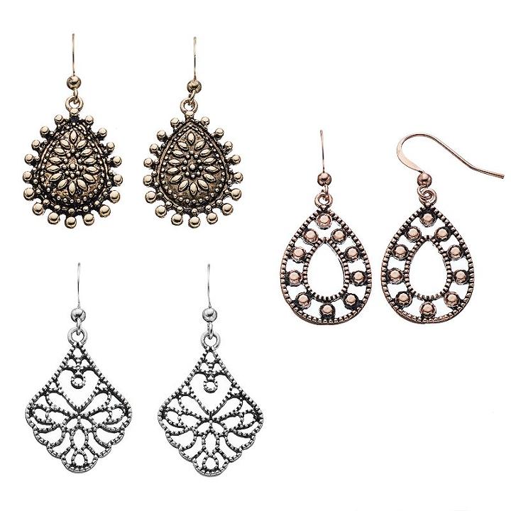 Apt. 9&reg; Filigree Teardrop Earring Set, Women's, Multicolor
