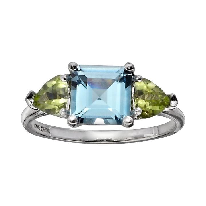 10k White Gold Blue Topaz And Peridot 3-stone Ring, Women's, Size: 7