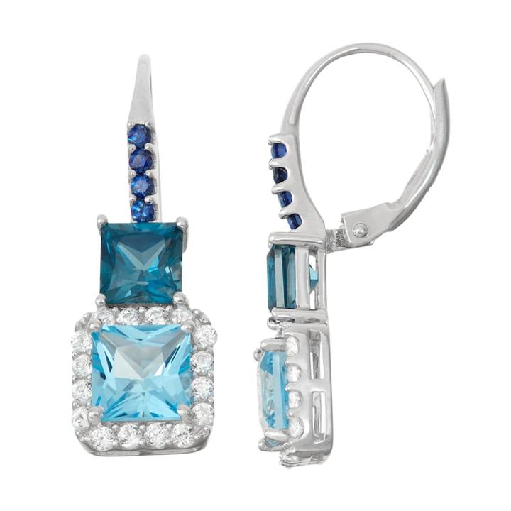 Sterling Silver Topaz & Lab-created Sapphire Square Halo Drop Earrings, Women's, Blue