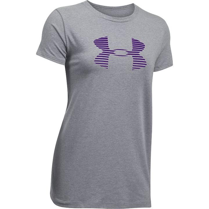 Women's Under Armour Stripe Big Logo Graphic Tee, Size: Medium, Dark Grey