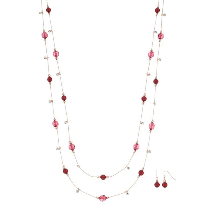 Beaded & Simulated Crystal Long Multi Strand Necklace And Earring Set, Women's, Med Red