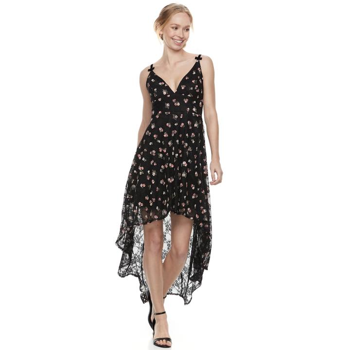 Disney Princess Juniors' Floral High-low Lace Party Dress, Teens, Size: Large, Black Floral