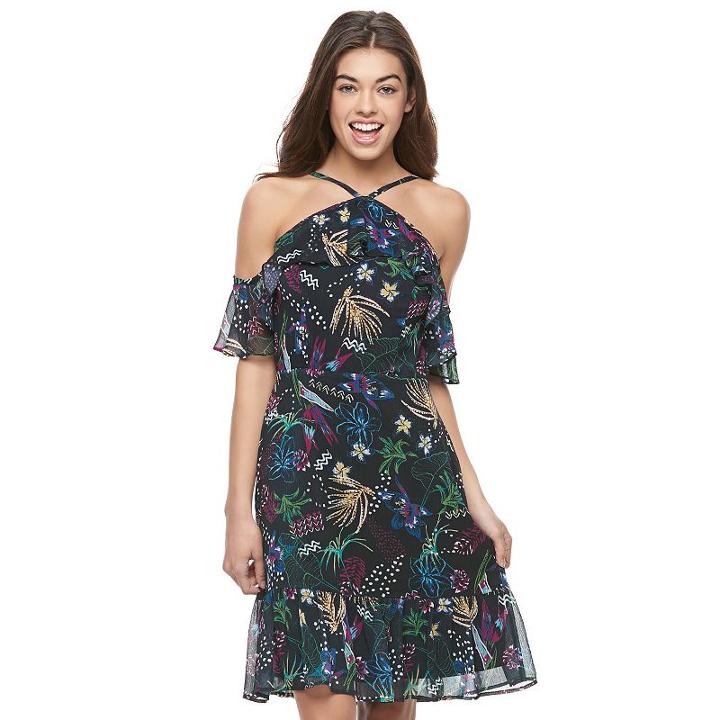 Juniors' Jolie Vie Floral Cold Shoulder Halter Dress, Girl's, Size: Xl, Ovrfl Oth
