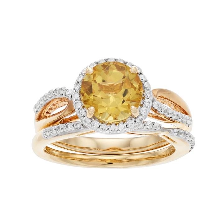 14k Gold Over Silver Citrine & Lab-created White Sapphire Halo Engagement Ring Set, Women's, Size: 6, Orange