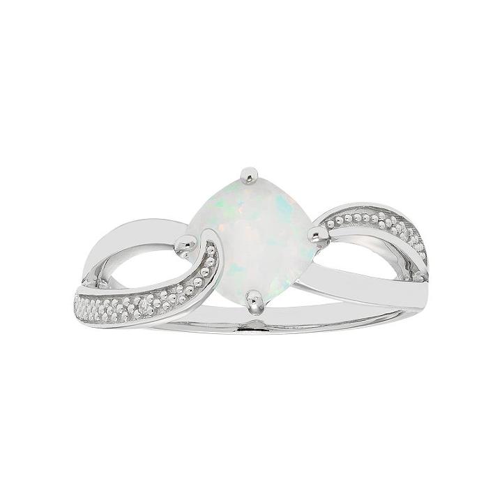 Sterling Silver Lab Created Opal & Diamond Accent Cushion Bypass Ring, Women's, Size: 7, White