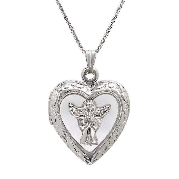Sterling Silver Mother-of-pearl Angel Heart Locket, Women's, White