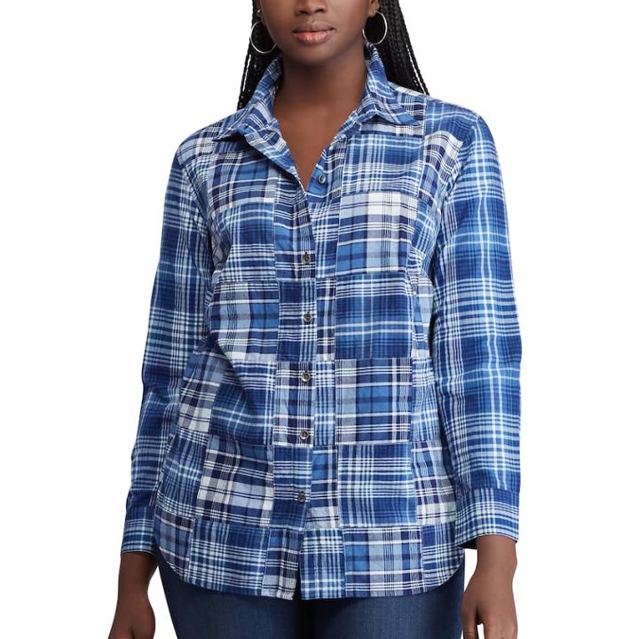 Plus Size Chaps Plaid Button Front Top, Women's, Size: 3xl, Blue