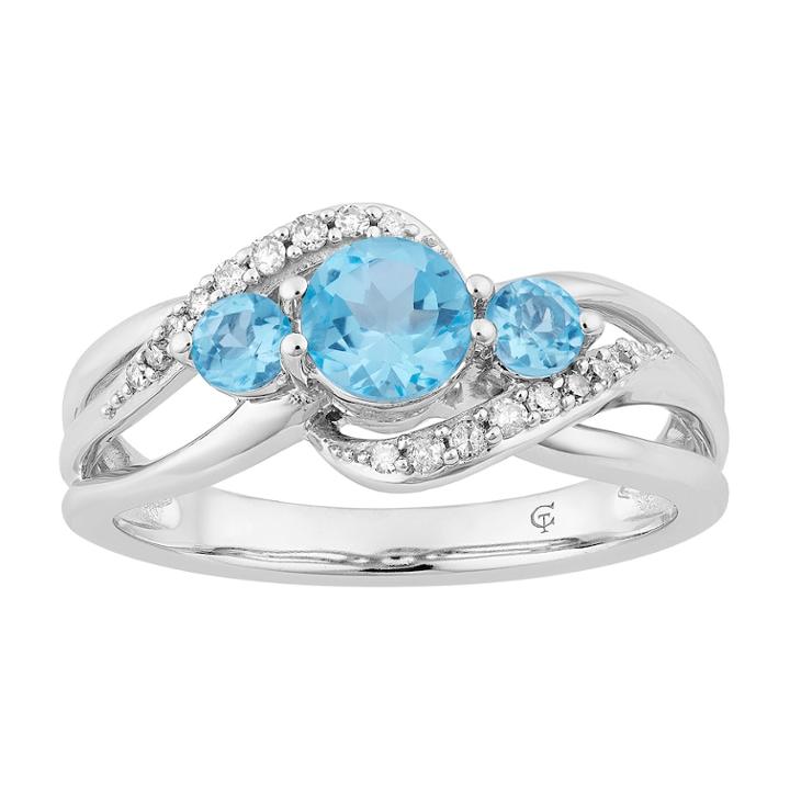 10k White Gold Swiss Blue Topaz & 1/5 Carat T.w. Diamond 3-stone Ring, Women's, Size: 7