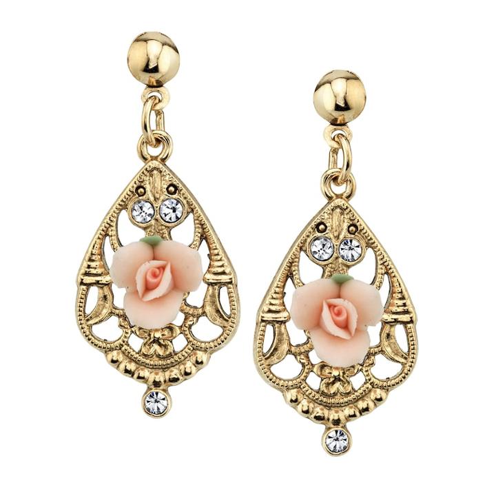 1928 Pink Porcelain Rose & Simulated Crystal Drop Earrings, Women's