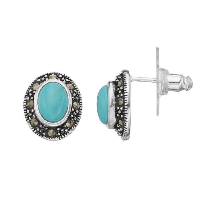 Silver Luxuries Simulated Turquoise & Marcasite Oval Halo Drop Earrings, Women's, Blue