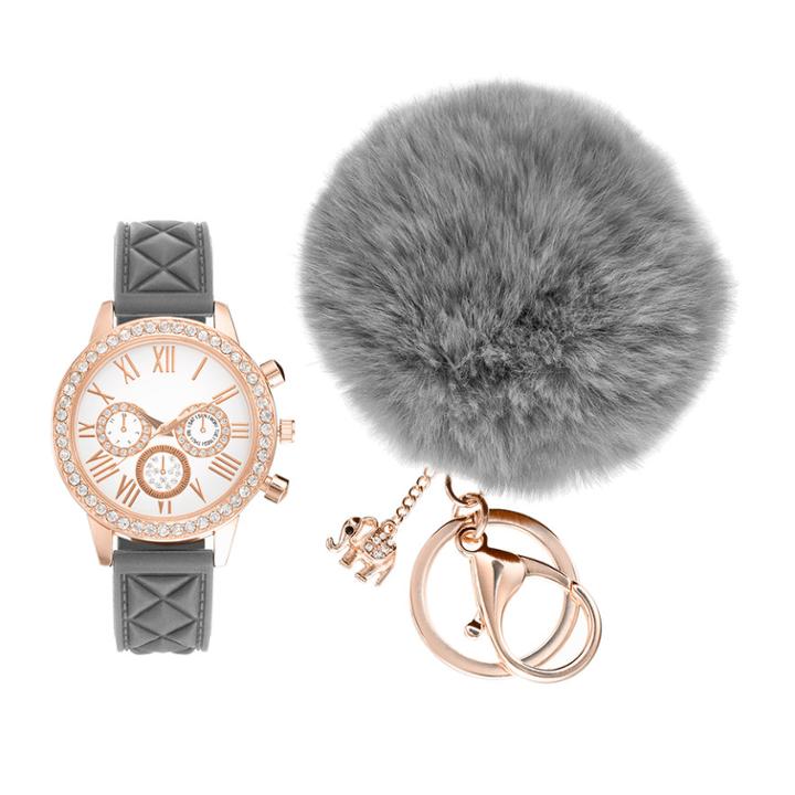 Women's Crystal Watch & Elephant Charm Pom Pom Key Chain Set, Size: Medium, Grey